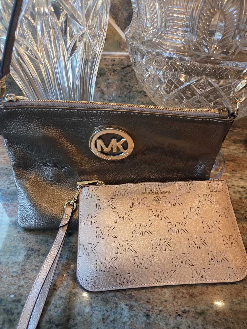 Michael Kors Bronze Leather Shoulder Bag with Soft Gold MK Logo Wristlet